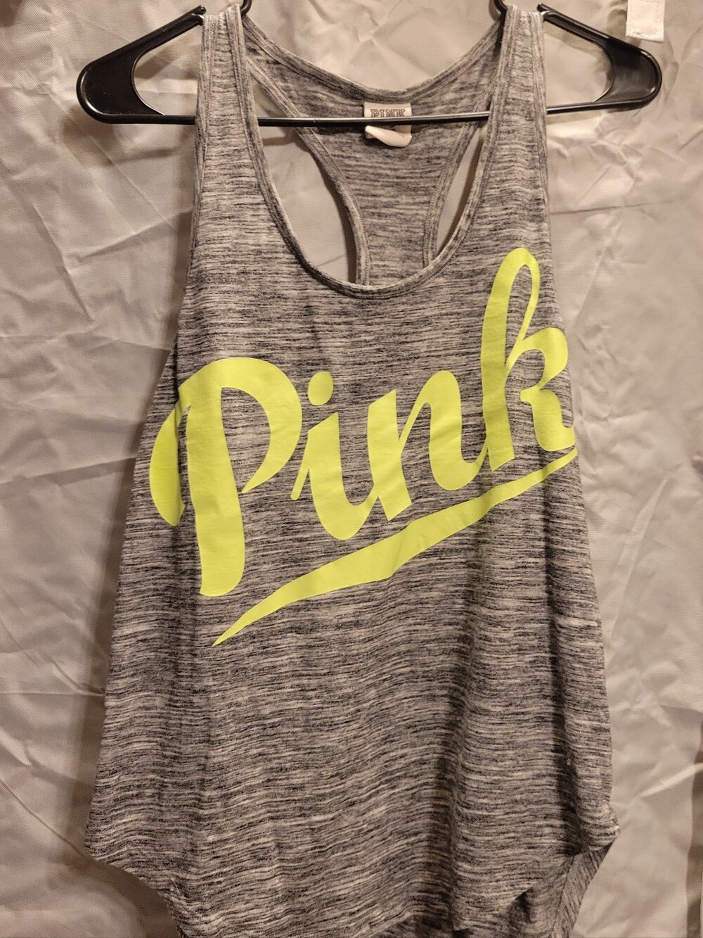 PINK Victoria's Secret Gray Heather Racerback Tank with Neon Yellow Logo